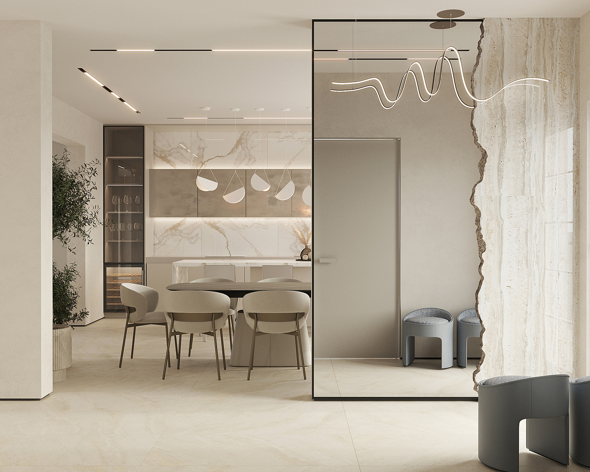 Кухня-гостина в интерьере с керамогранитом KERRANOVA