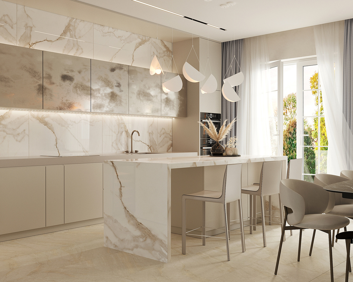 Зона кухни и остров с отделкой керамогранитом Iceberg