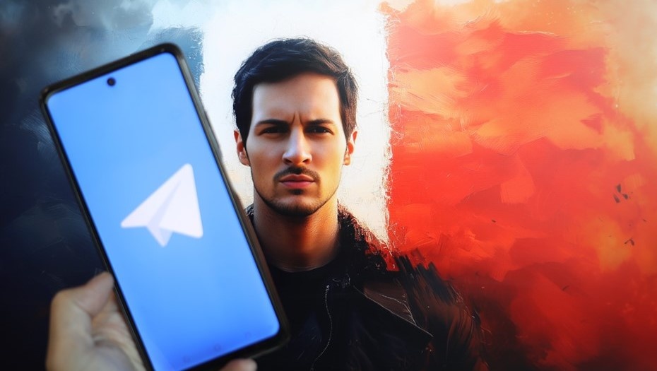    Логотип системы мгновенного обмена сообщениями Telegram и изображение Павла Дурова (часть изображения создана с помощью инструментов генеративного ИИ). Автор фото: Александра Погиба / NEWS.ru / ТАСС