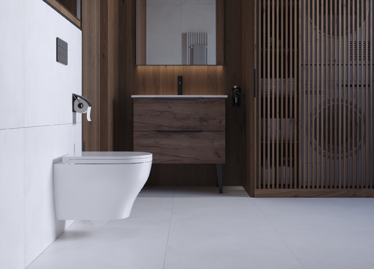 Подвесной унитаз и тумба из коллекции Breeze от SANITA LUXE, умывальник Family 80 от того же бренда