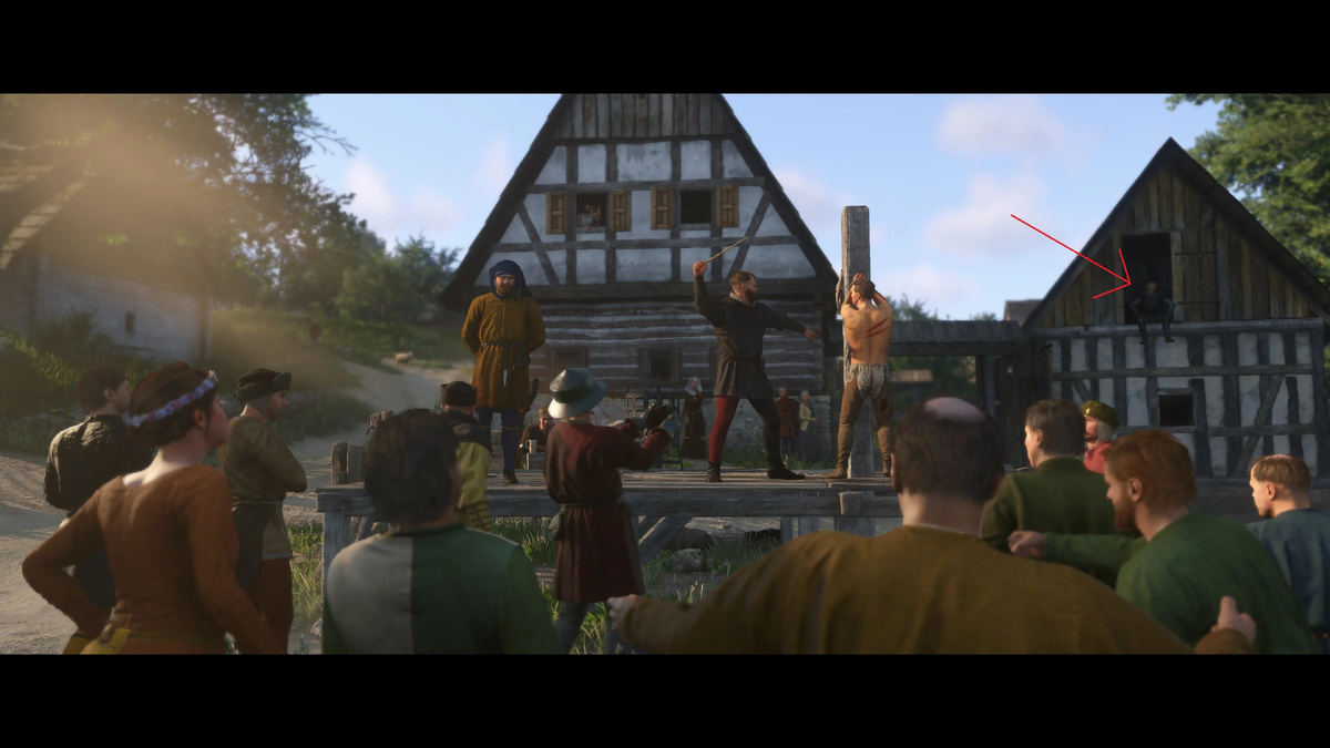 Геральт из Ривии в привычной для себя расслабленной позе наблюдает за происходящей поркой главного героя Kingdom Come: Deliverance 2