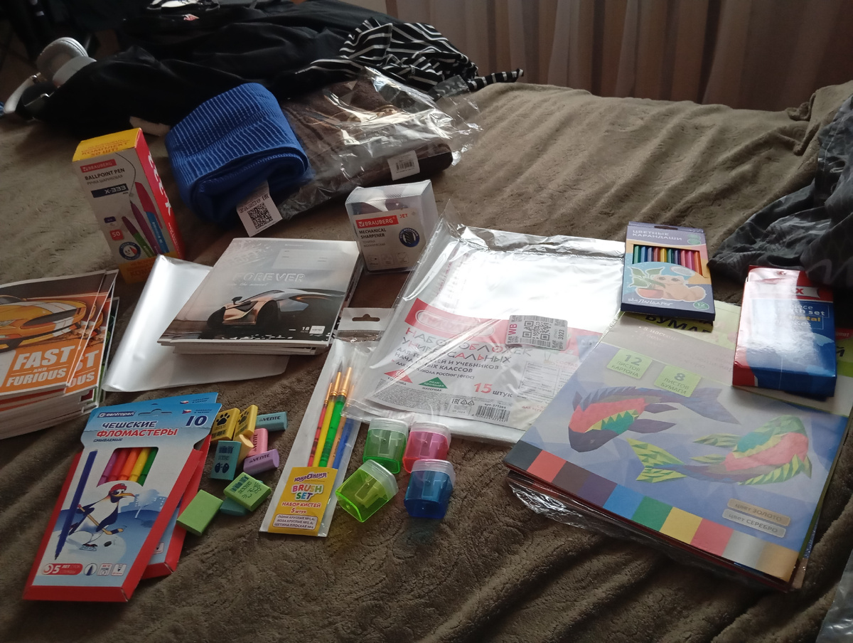 В самом начале пришли две пачки цветной бумаги и картона, цветные фломастеры, цветные карандаши 1 упаковка, точилки, точилка механическая, обложки на учебники, 2 упаковки тетрадей, одна из которых с обложкой, две упаковки ластиков, кисти, точилки и упаковка ручек 50 шт