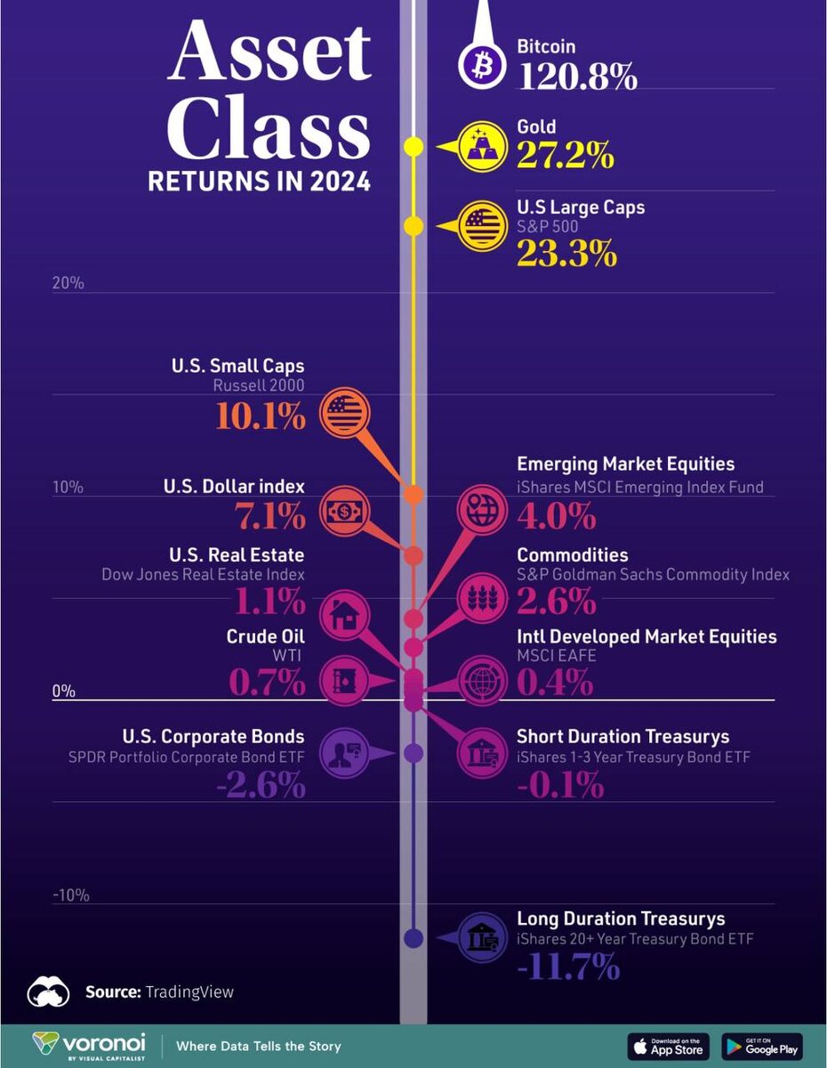 Самые доходные классы активов за 2024 год. Биткойн на первом месте, дал 120% за год.