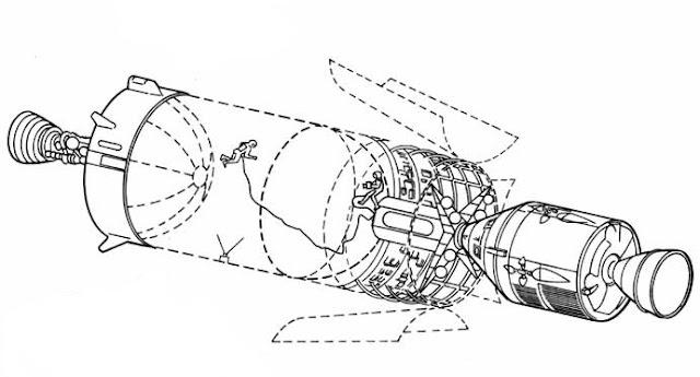 Орбитальная мастерская, состояла из второй отработаной ступени ракеты «Сатурн IB», барабанного модуля поддержки экспериментов (SSESM) и пристыкованного к нему космического корабля «Аполлон». (Изображение НАСА).