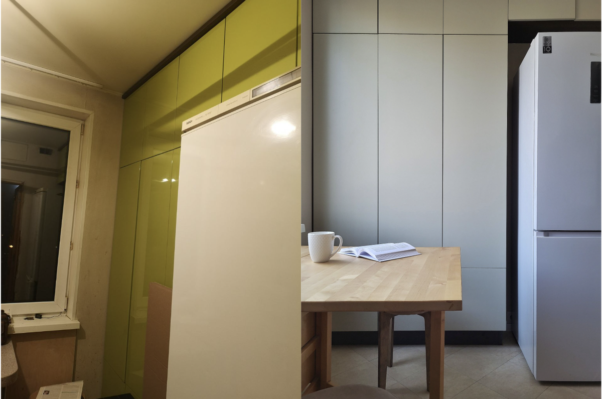 А салатовые фасады шкафов - в нейтральный бежевый