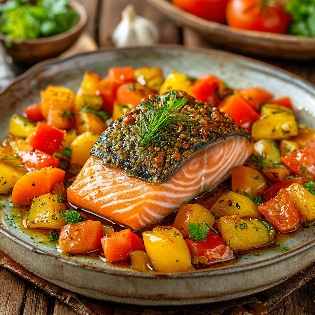 Сёмга с овощами может быть представлена в деревенском стиле, переосмысляя классические вкусы.