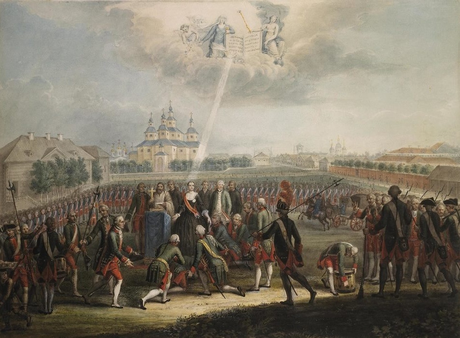 Неизвестный художник. Присяга лейб-гвардии Измайловского полка 28 июня 1762 года. Бумага, акварель. 1760-е годы. По оригиналу Иоахима Кестнера. Государственный Эрмитаж.