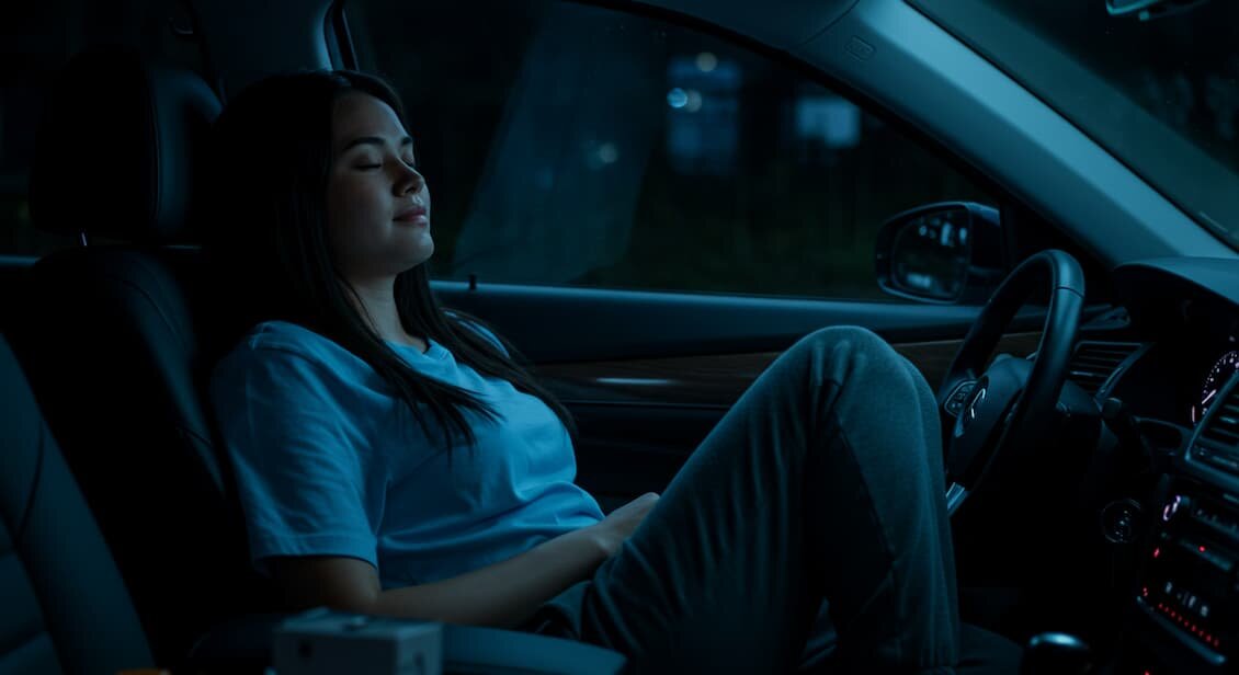 сон за рулем, спящая девушка в авто