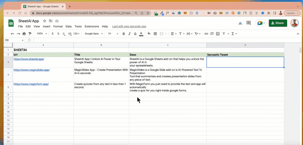 SheetAI работает в Google Sheets