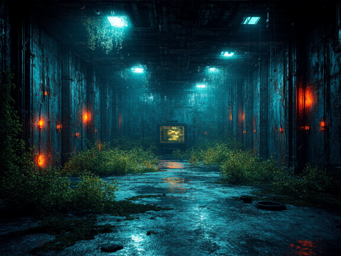 Секретная лаборатория внутри заброшенного бункера, мигающие мониторы, странное оборудование