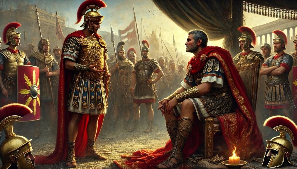 Тит Лабиен предлагает свои услуги полководца Гнею Помпею Великому. Здесь и далее - рисунки нейросети.