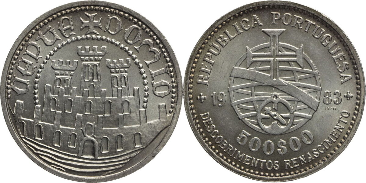 Португалия - 500 эскудо 1983 года из серии "Descobrimentos Renascimento" (серебряный сплав 835 пробы, масса - 7 граммов, тираж - 200000 штук в обычном исполнении)