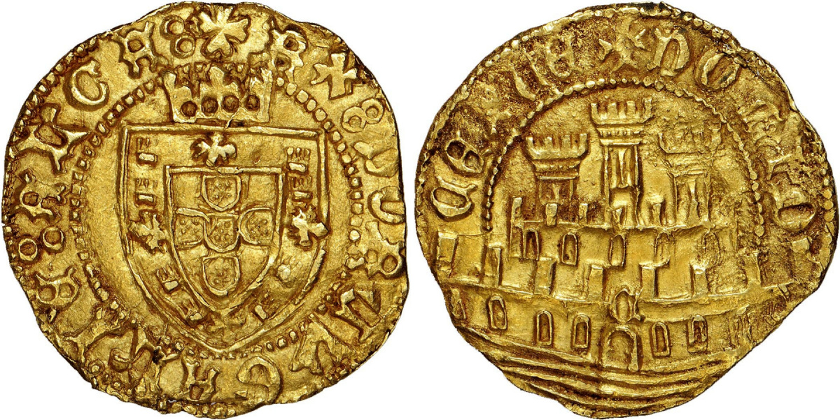 Королевство Португалия - ½ золотого эскудо Афонсу Пятого без даты (1438-1481 годов чеканки). Легенда лицевой стороны гласит: "RX:PORTVGALIE:ALGA" (рус. Король Португалии, Алгарве. На обороте полукругом вверху можно прочитать продолжение титулатуры Афонсу: "CEPTE+DOMI(N)O" (рус. Повелитель Сеуты)