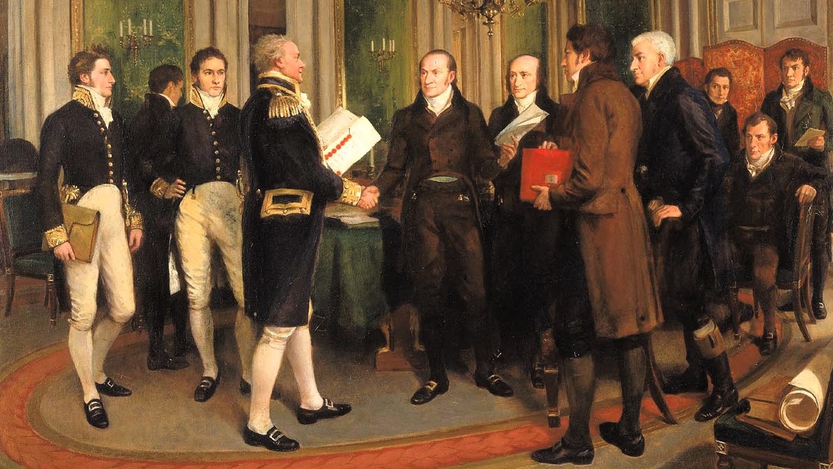 Джон Куинси Адамс (будущий президент США) и лорд Гамбье обмениваются рукопожатием, после подписания Гентского договора; с красной папкой заместитель Министра по военным вопросам и делам колоний Генри Гоулберн