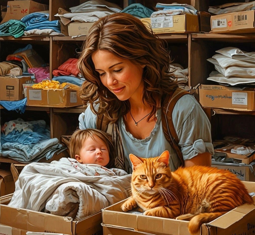 Василина разбирает коробки с вещами.