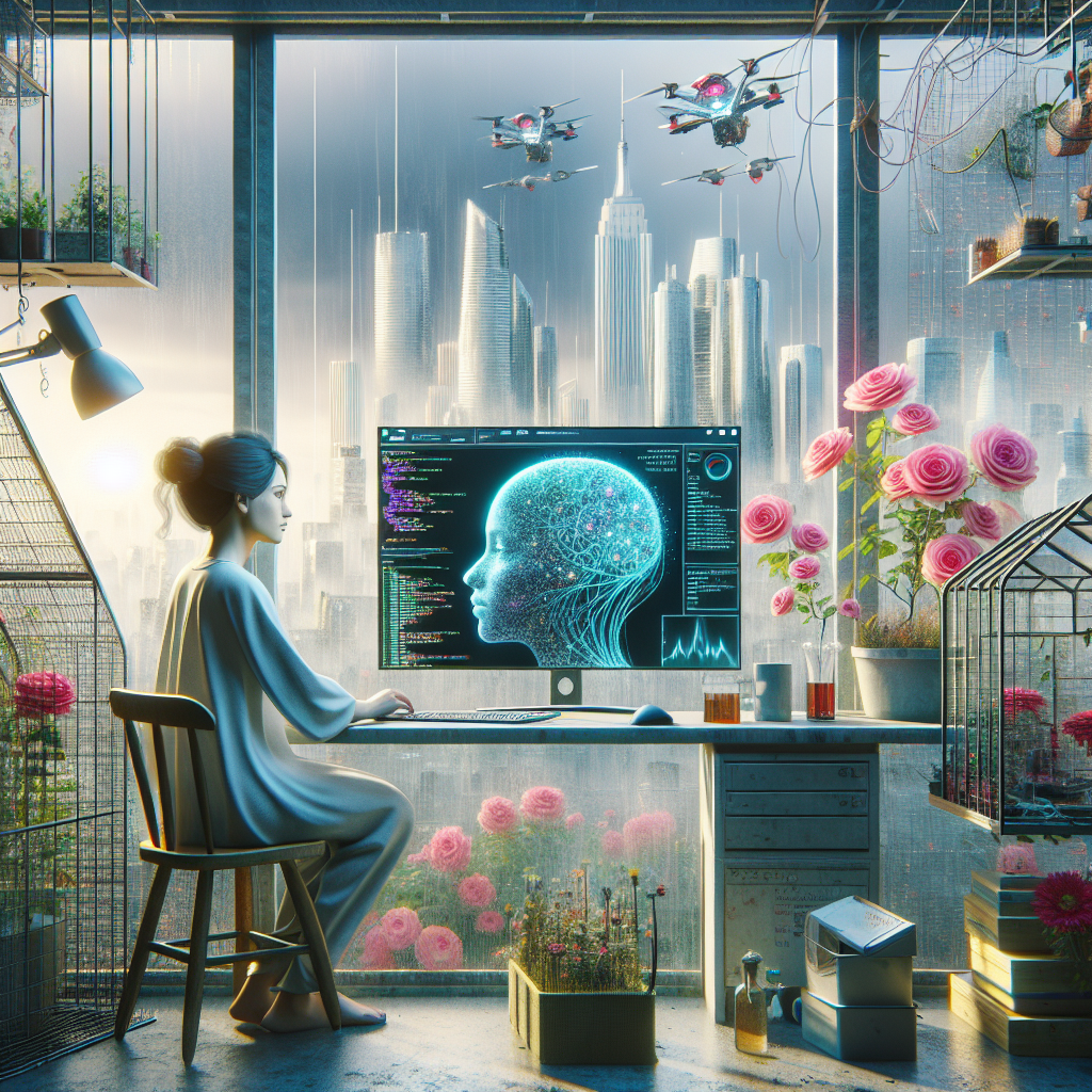 Высокие технологии и живая природа – две грани мира, отраженные в глазах девушки. Сможет ли искусственный интеллект познать красоту розы, или навсегда останется лишь холодным кодом? | Картинка - ИИ-арт © Надежда Иванова.