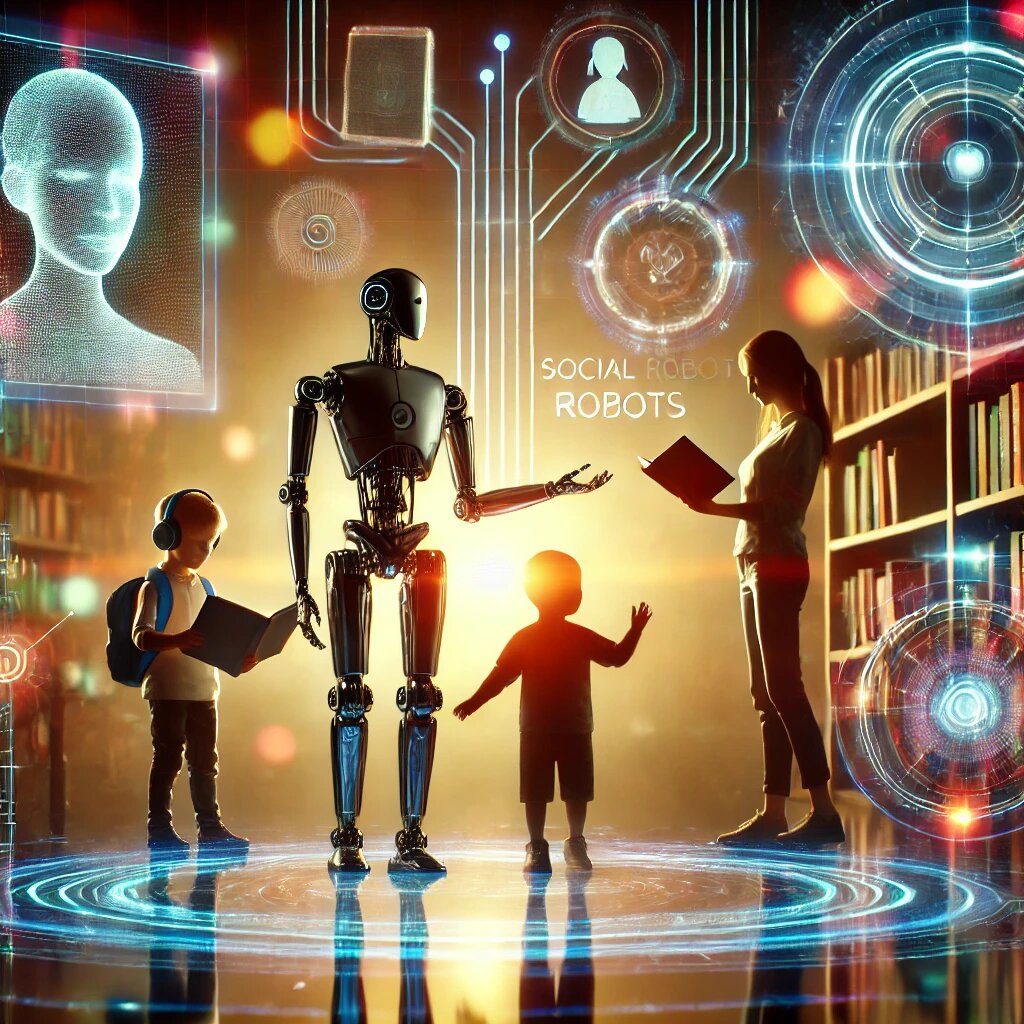 будущее образования с социальными роботами, голографическими книгами и технологичной атмосферой. ИИ генерация