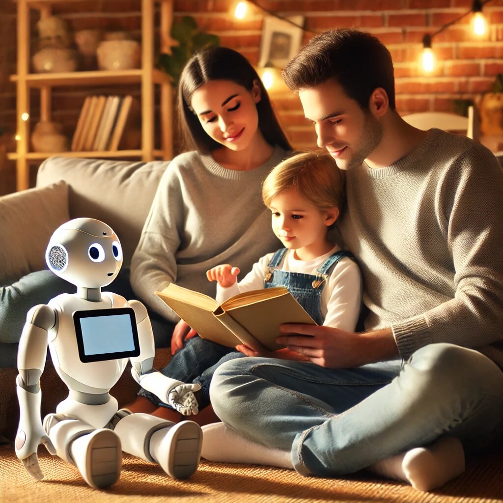 семейная сцена, где родители и ребёнок читают книгу, а робот активно участвует в разговоре.