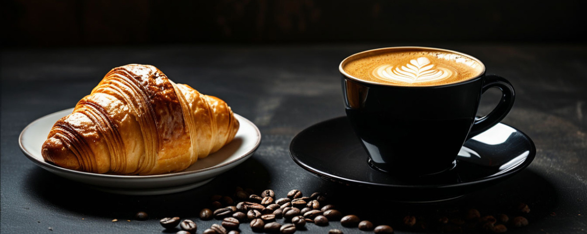 Классический итальянский завтрак: круассан и ароматный капучино.