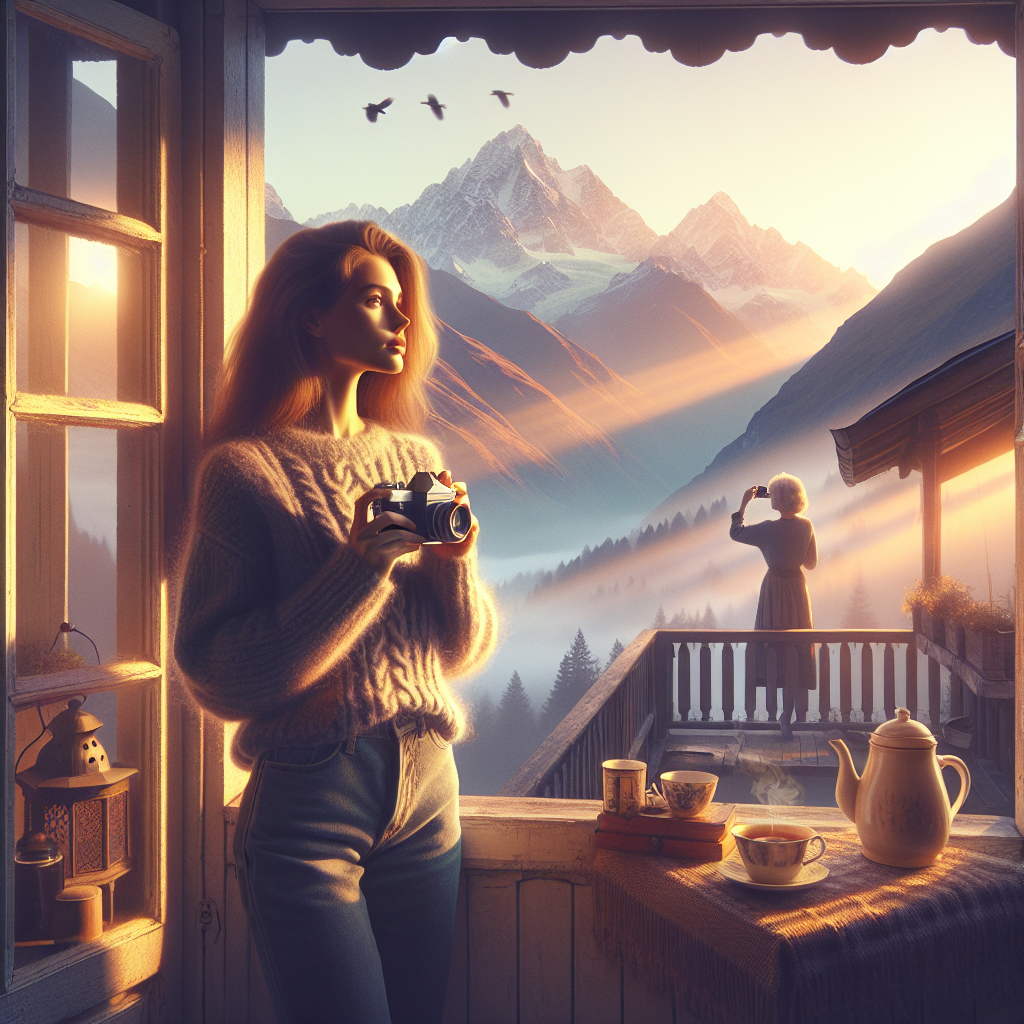 Уютный балкон с видом на горы, залитые рассветным солнцем. Молодая женщина с фотоаппаратом в руках смотрит вдаль, в её глазах надежда. | Картинка - ИИ-арт © Надежда Иванова