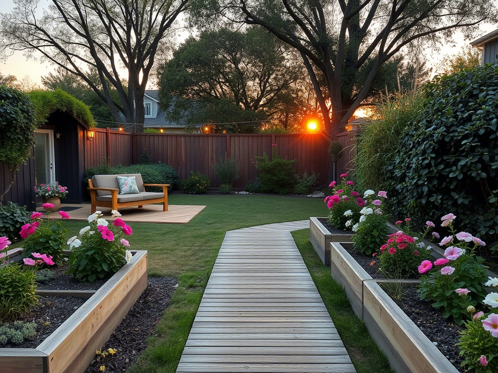 Пример двора с зоной отдыха, клумбами и деревянными дорожками