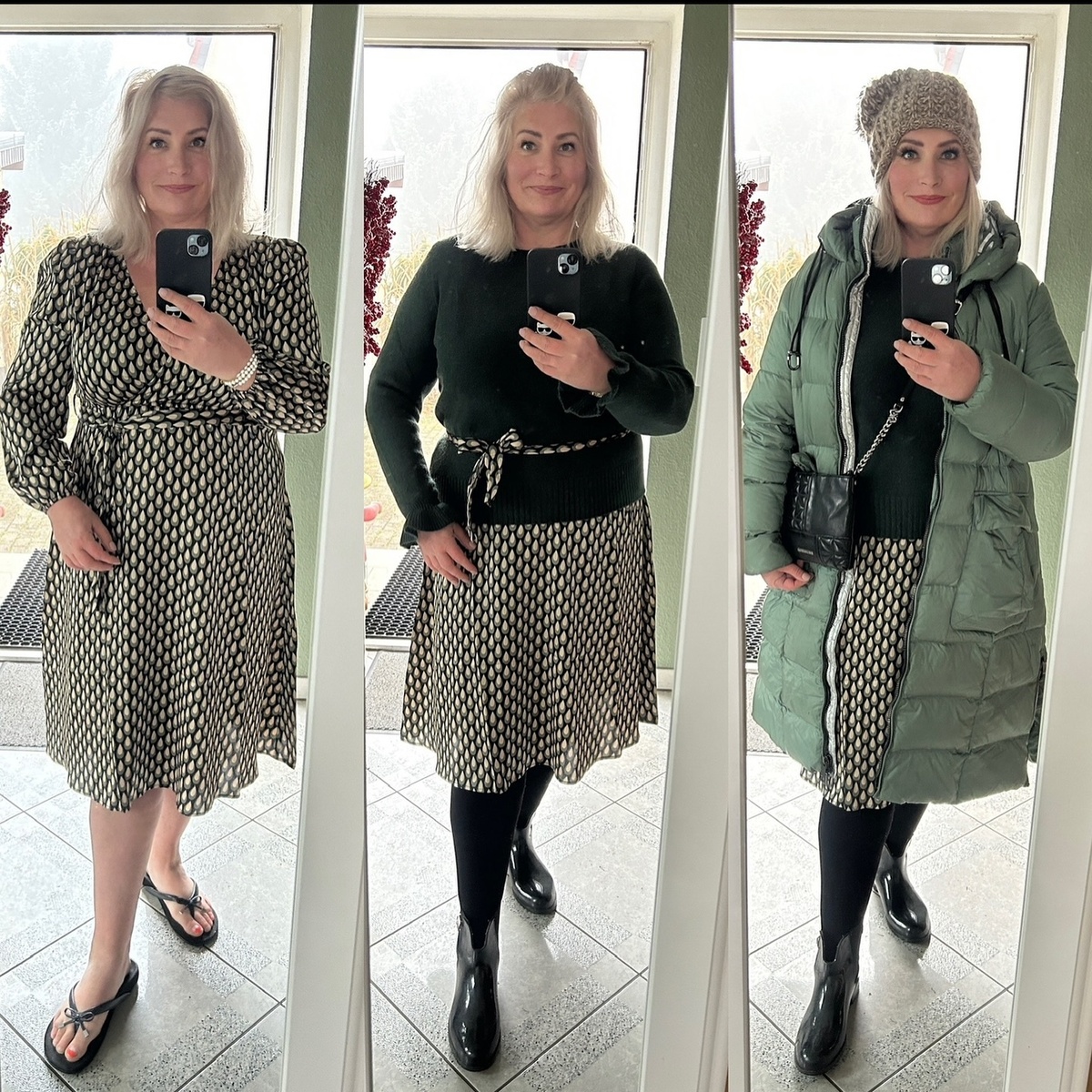 Платье на запах, темный верх, многослойность — и живот почти незаметен.