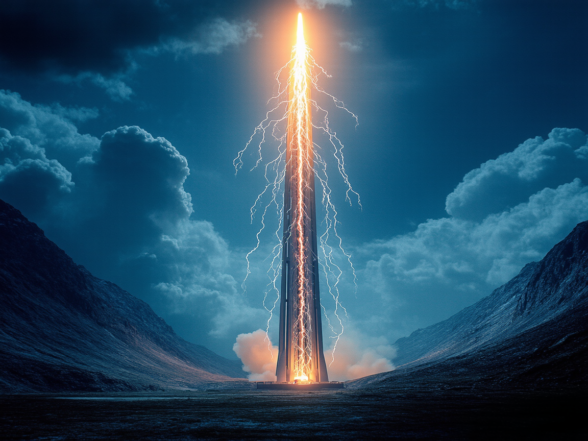 Башня Уорденклиф, излучающая электрические разряды в небо