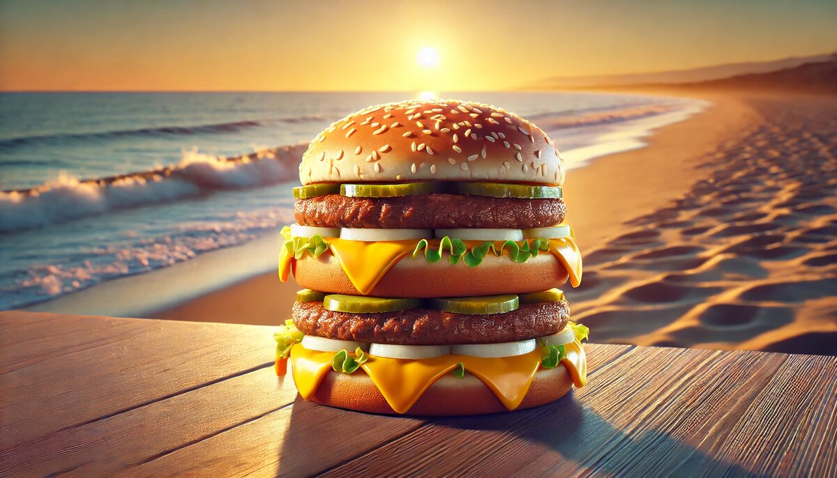 Биг-Мак в лучах вечернего солнца. Море, пляж, Биг-Мак. Сгенерировано автором в DALL-E