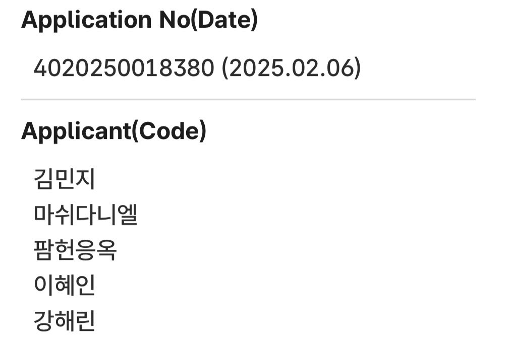    номер заявки (дата): 4020250018380 (2025.02.06), заявители (код): имена участниц NewJeans