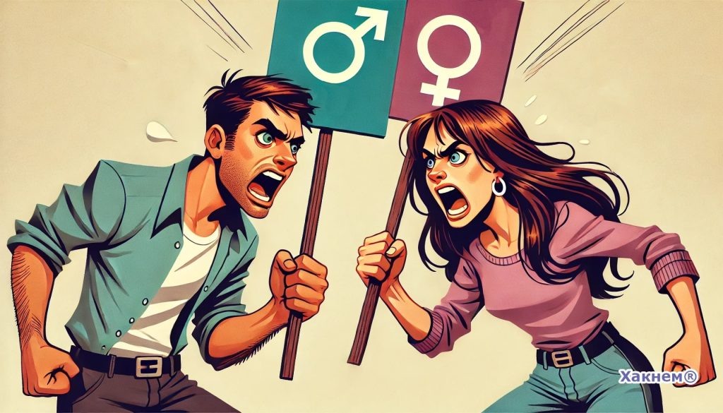 Сексист и феминистка в жарком споре.