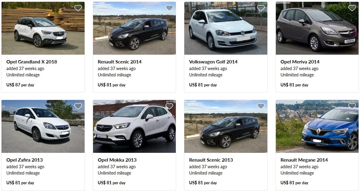 Скриншот каталога сайта GetRentacar