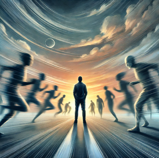 Человек стоит неподвижно, пока вокруг него мимо бегут люди, хватающие возможности