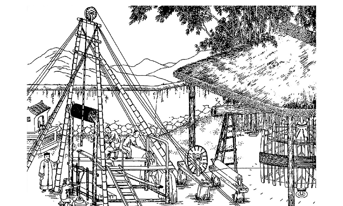 Бурение скважин с помощью ударного инструмента из бамбука. Репродукция барельефа.