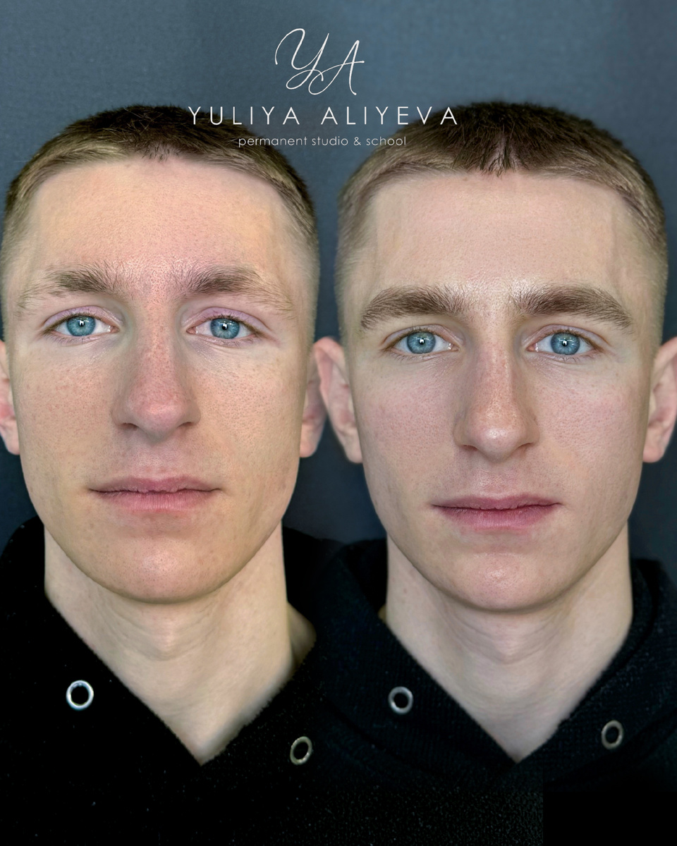 Мужской перманентный макияж бровей в технике Realistic Hairs, до и результат сразу после процедуры