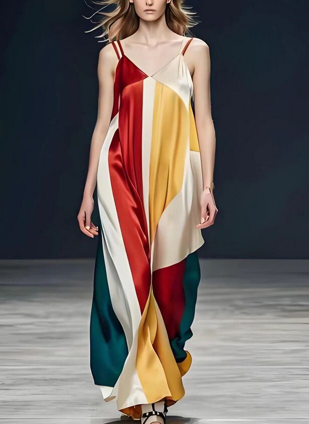 №1 Italian Colorblock V Neck Silk Spaghetti Strap Dresses Sleeveless