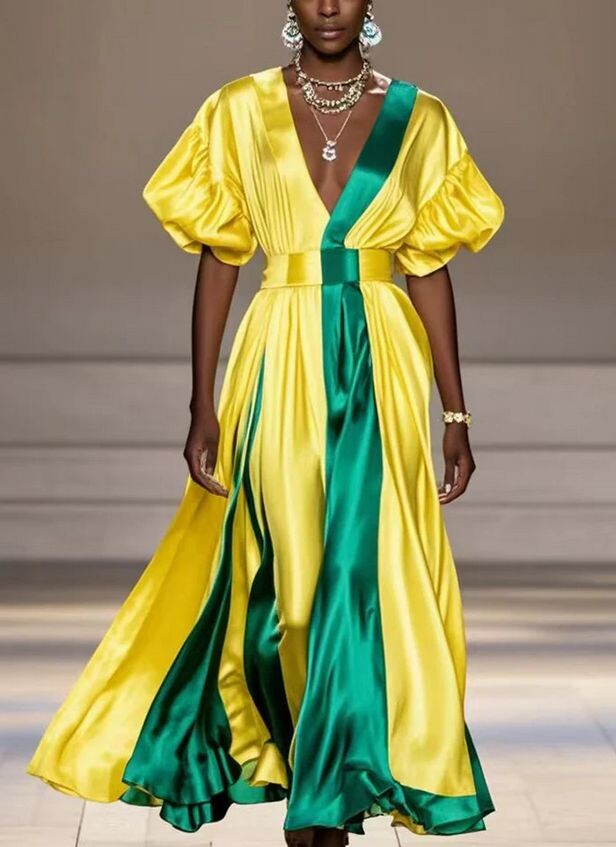 №№3-8  Italian Colorblock V Neck Silk Spaghetti Strap Dresses Sleeveless