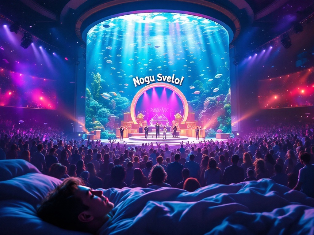    К чему такое снится: На картине изображена сцена концерта с огромным аквариумом посередине и выступающей группой "Ногу Свело!". На переднем плане ярко выделяются Александр и Наталья, вед