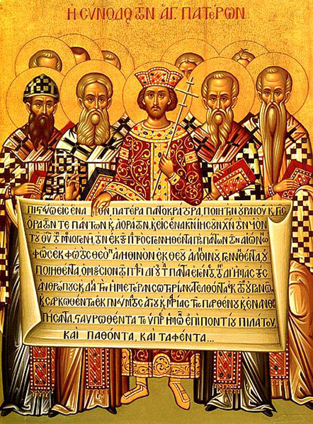    Икона с изображением императора Константина и епископов Первого Никейского собора (325 г.) с текстом Символа Веры (381 г.). Фото: Commons.wikimedia.org