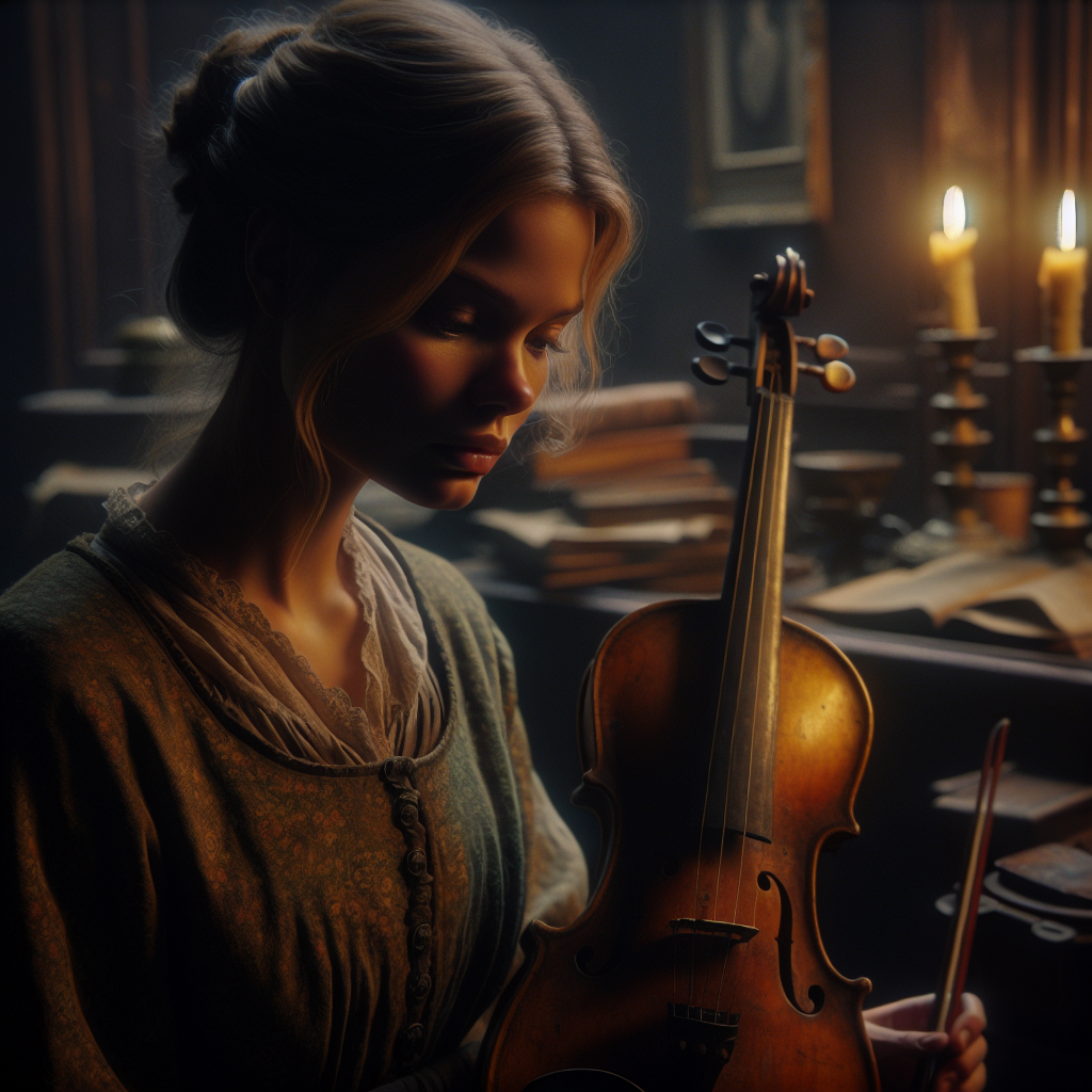 Софи в старой комнате, слабо освещенной свечой, держит в руках старинную скрипку и задумчиво смотрит на неё. | Картинка - ИИ-арт © Надежда Иванова