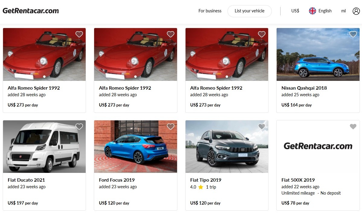 Скриншот каталога сайта GetRentacar