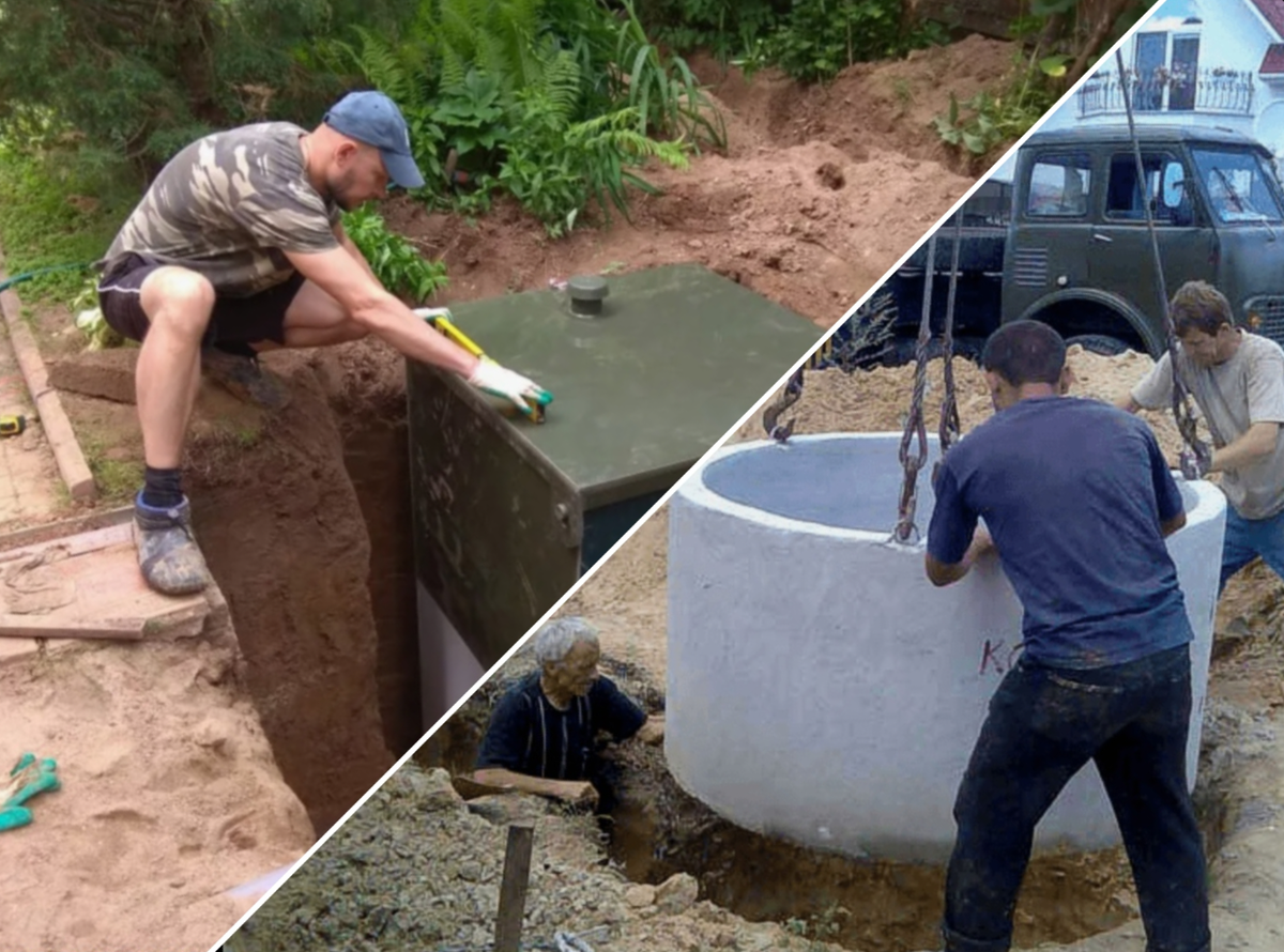 Установка аэрационной станции (слева) и колец для классического септика (справа)
