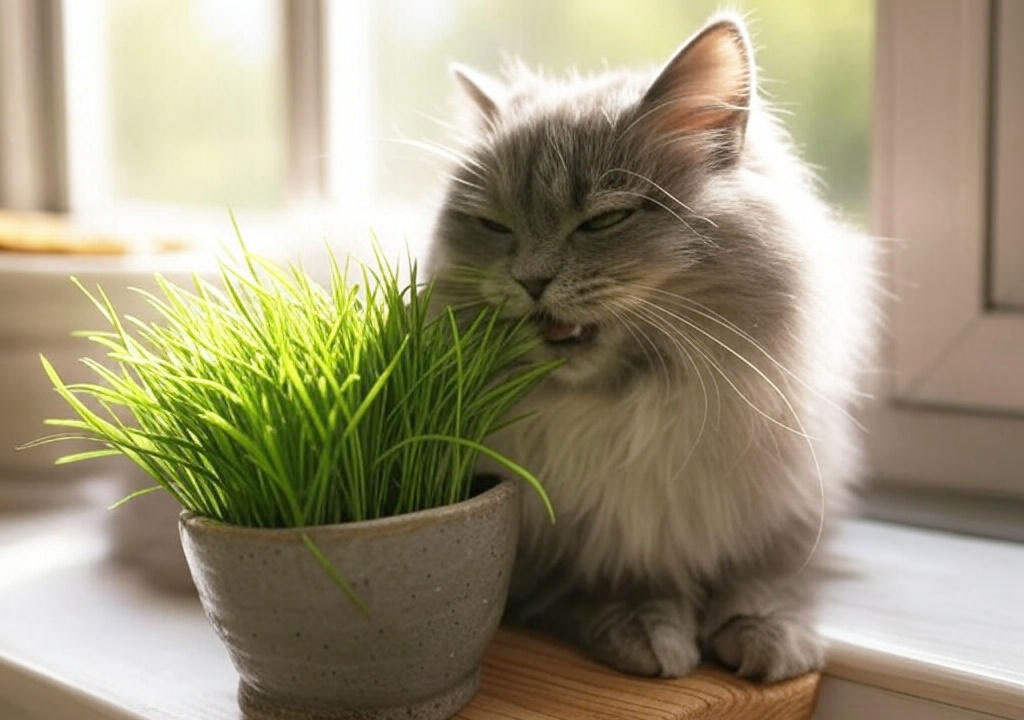 Кошка с длинной светлой шерстью кусает свежевыращенную питательную траву.