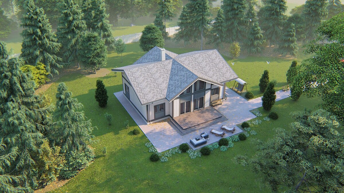 Вид сверху на двухэтажный дом из вертикального бруса NATURI по проекту "Рид"