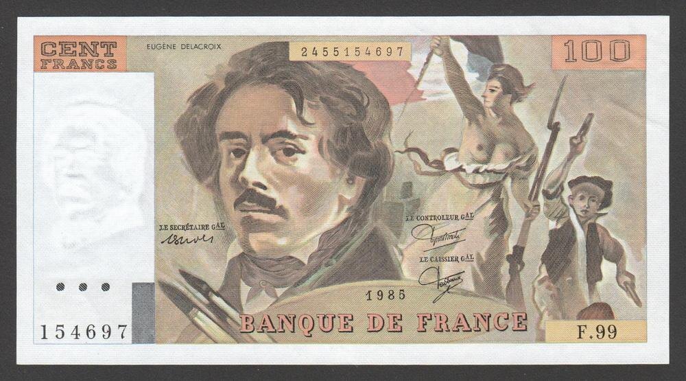 Купюра в 100 франков с картиной Э.Делакруа "Свобода, ведущая людей"