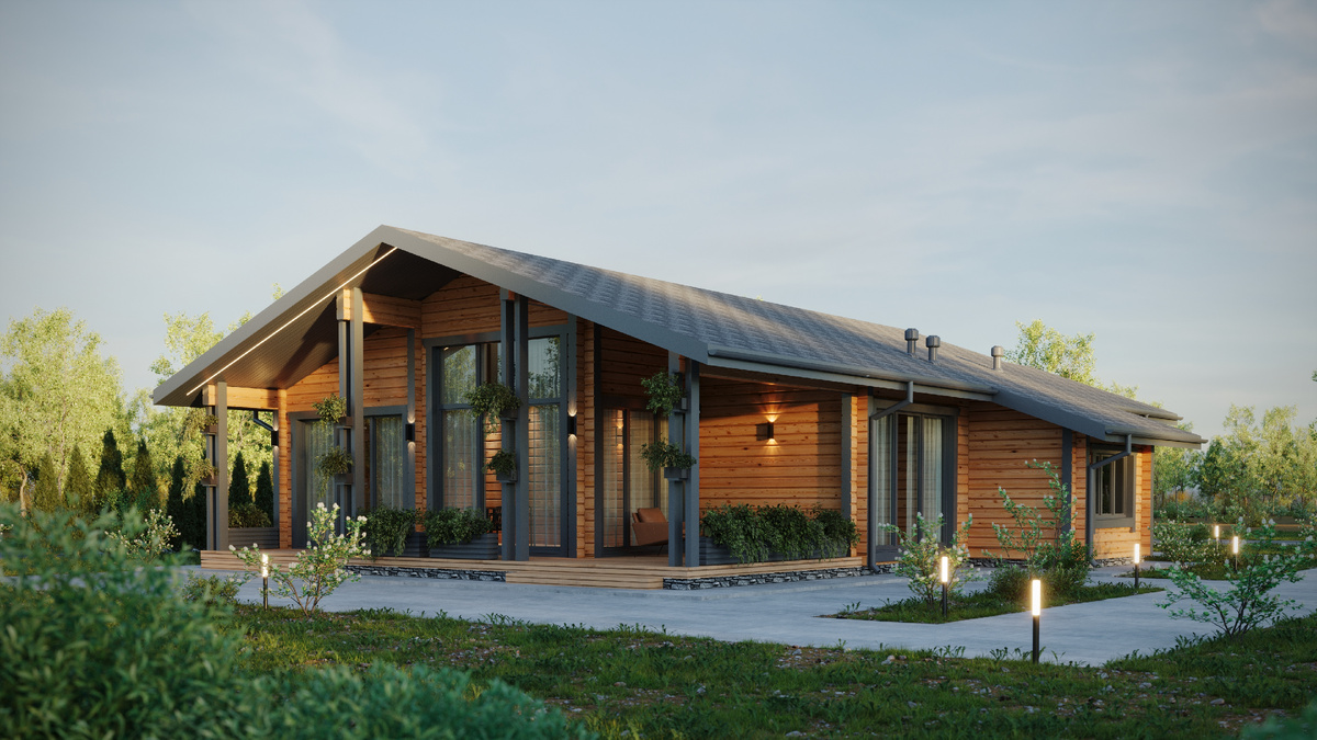 Одноэтажный дом  из клееного бруса по проекту "Редвуд" общей площадью 183 м²выполненный из клееного бруса.
