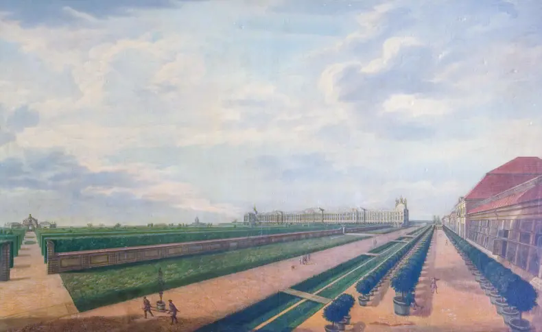Фридрих Гартман Баризьен. Вид Старого сада и Садовой улицы. 1760-1761. Из коллекции ГМЗ «Царское Село»