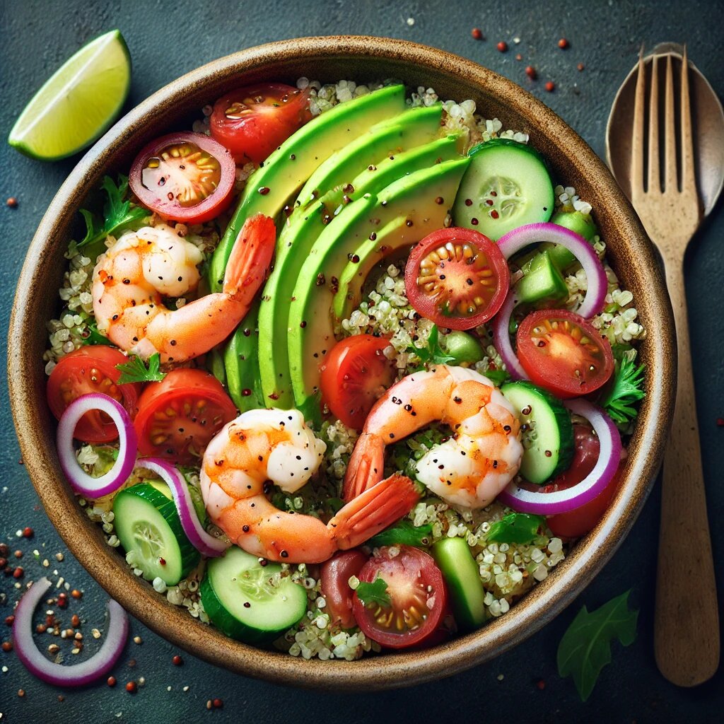 🥗 Тёплый салат с киноа, авокадо и креветками – лёгкий и питательный ужин!