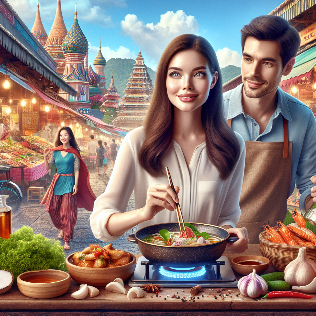 Молодая женщина с сияющими глазами готовит экзотическое блюдо на фоне азиатского рынка, а мужчина смотрит на нее с восхищением. | Картинка - ИИ-арт © Надежда Иванова