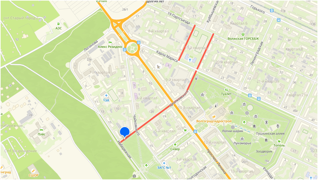 На карте улица Циолковского выделена красным цветом.