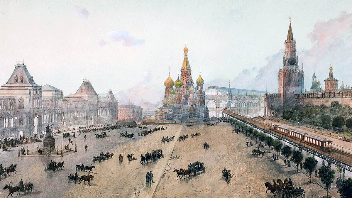 Проект Московского метро 1902 года, художник — Николай Каразин. Вид на Центральный вокзал с Красной площади